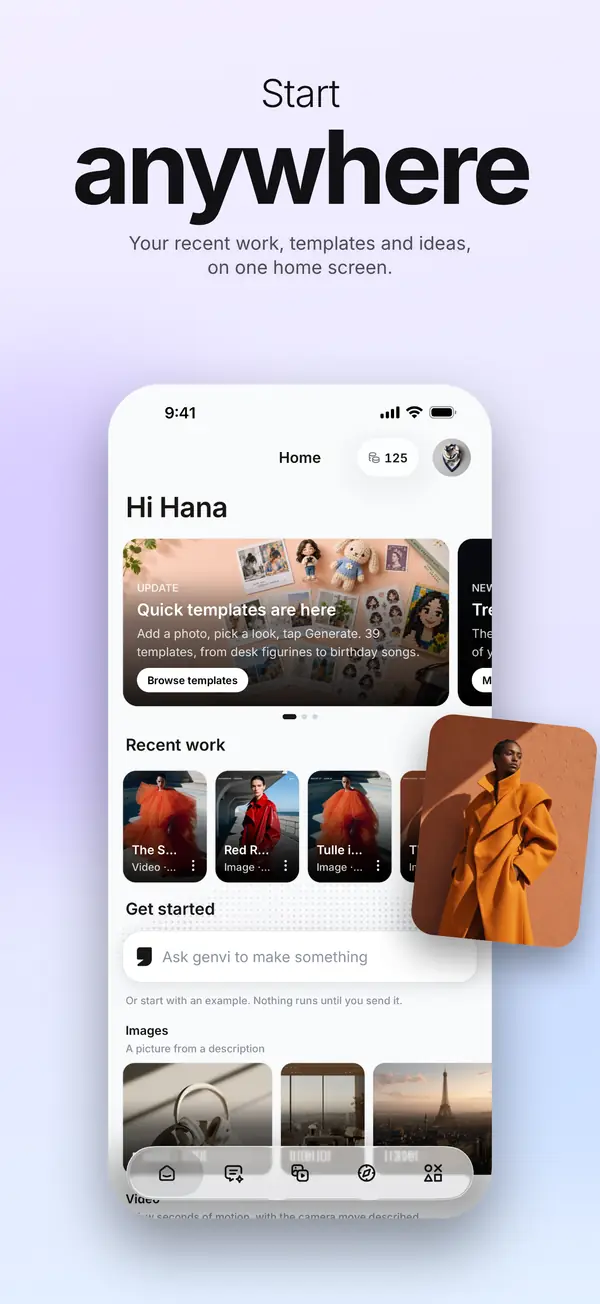 The genvi app's Home: recent work, templates and a prompt box