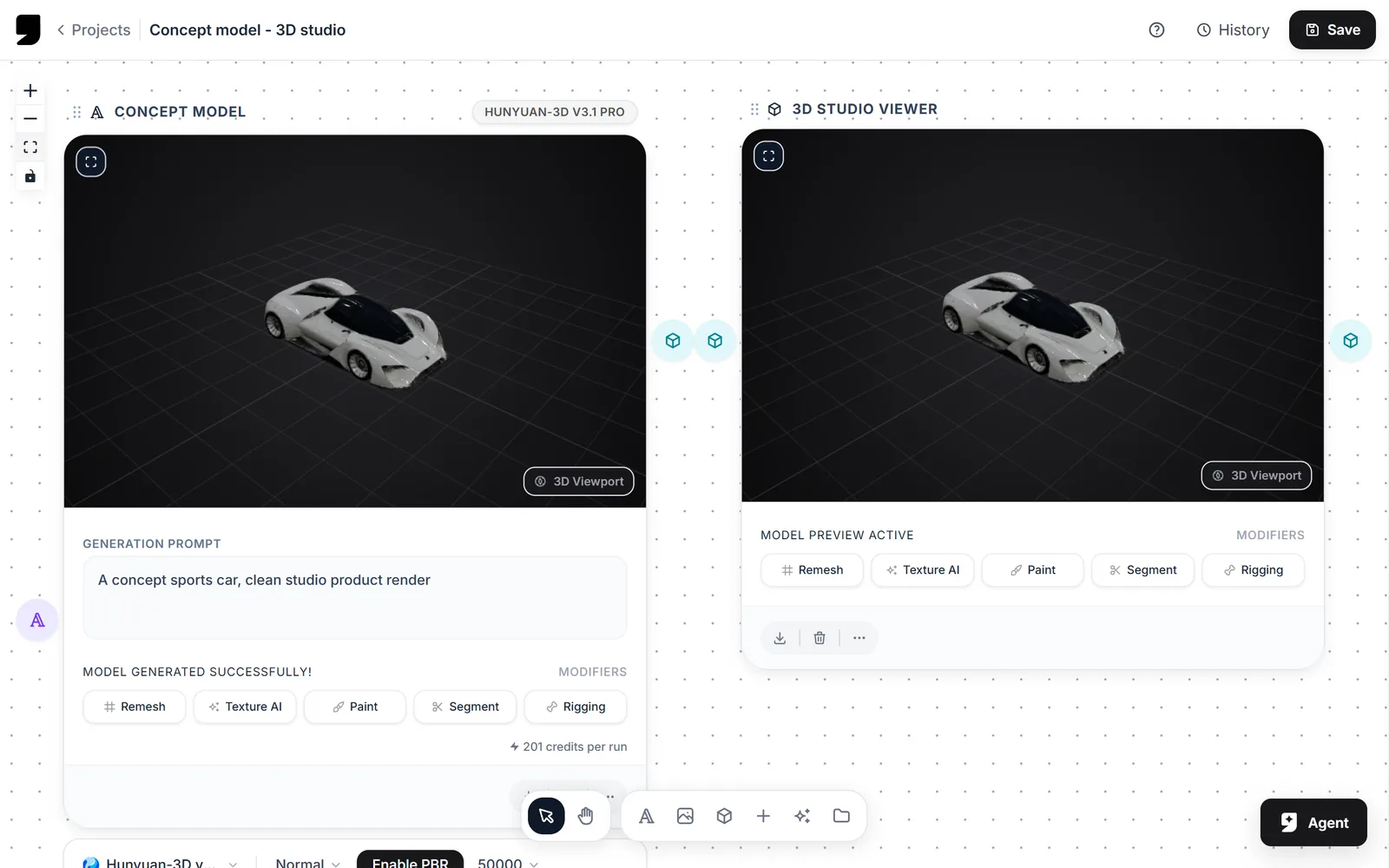 3D Studio: a generated model and its viewer on the canvas