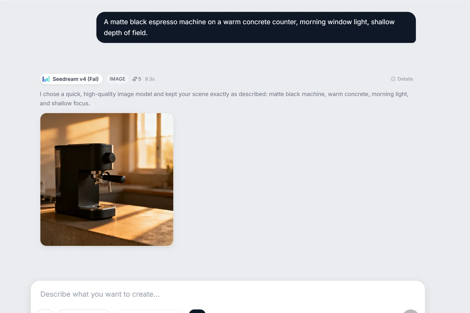 A Chat Studio result: the picture, the model it picked and why