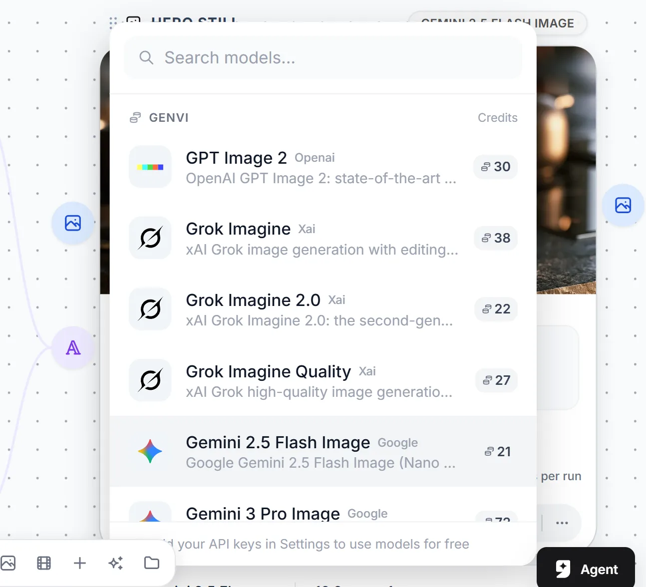 The model picker, with each model's provider and price
