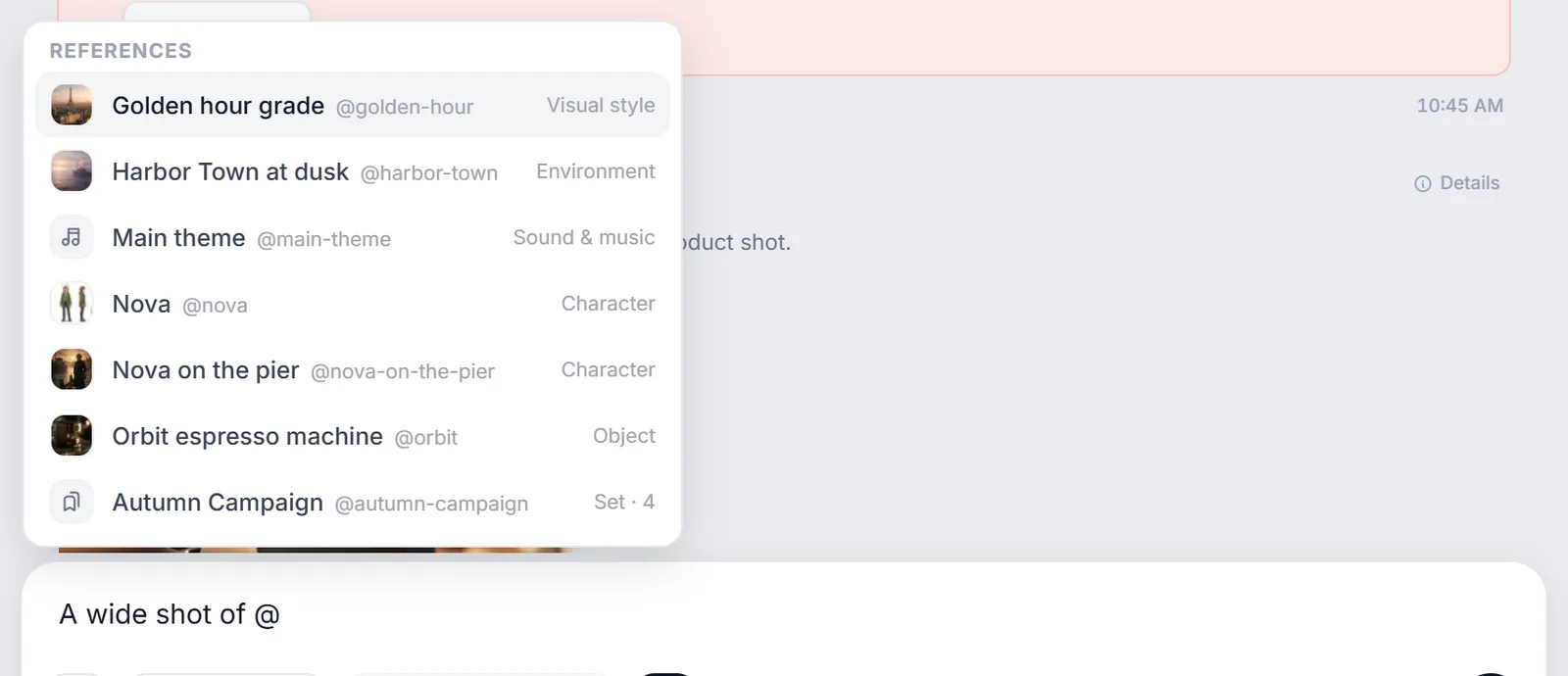 Typing @ in a prompt lists your saved references