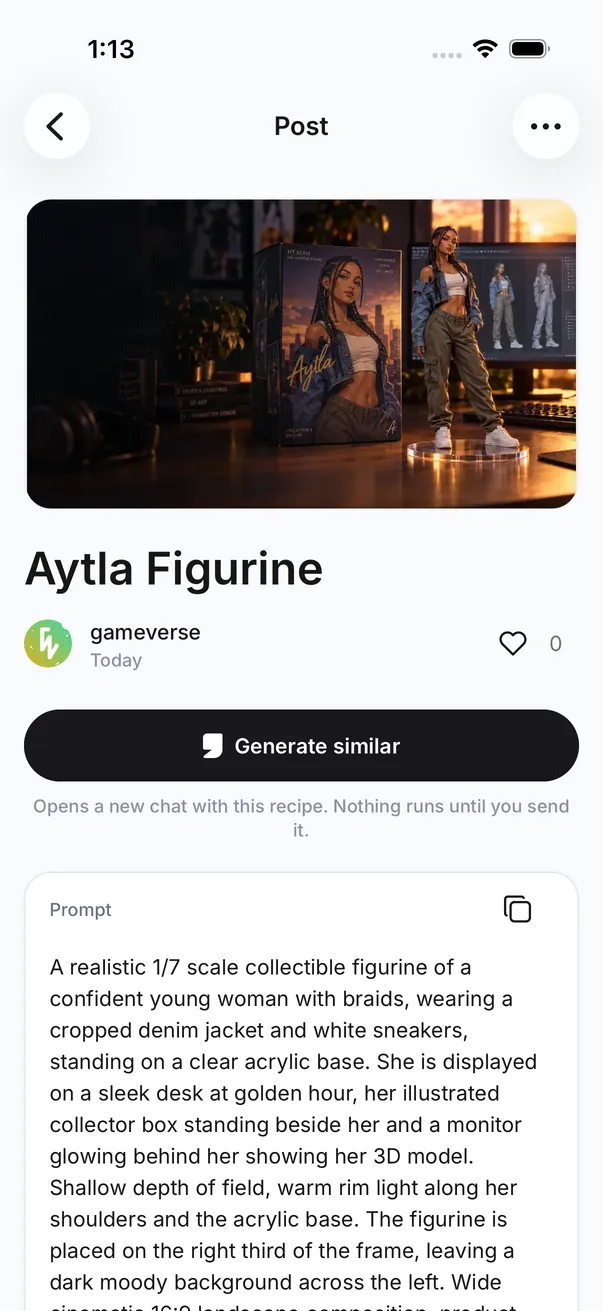 The genvi app: a post with its prompt and the Generate similar button