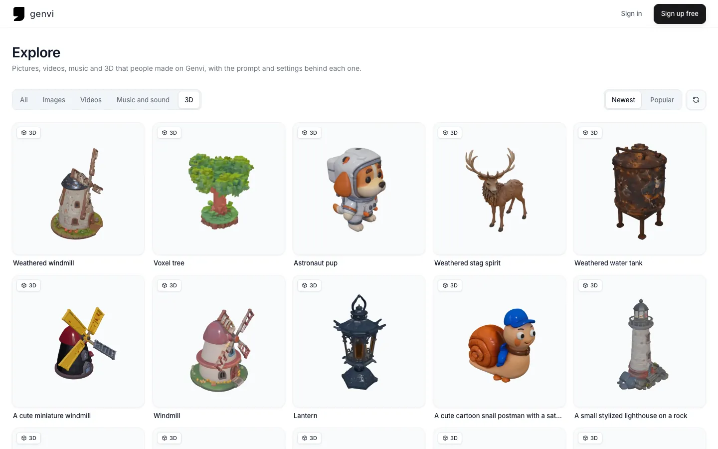 Explore filtered to 3D, every model shown as a render