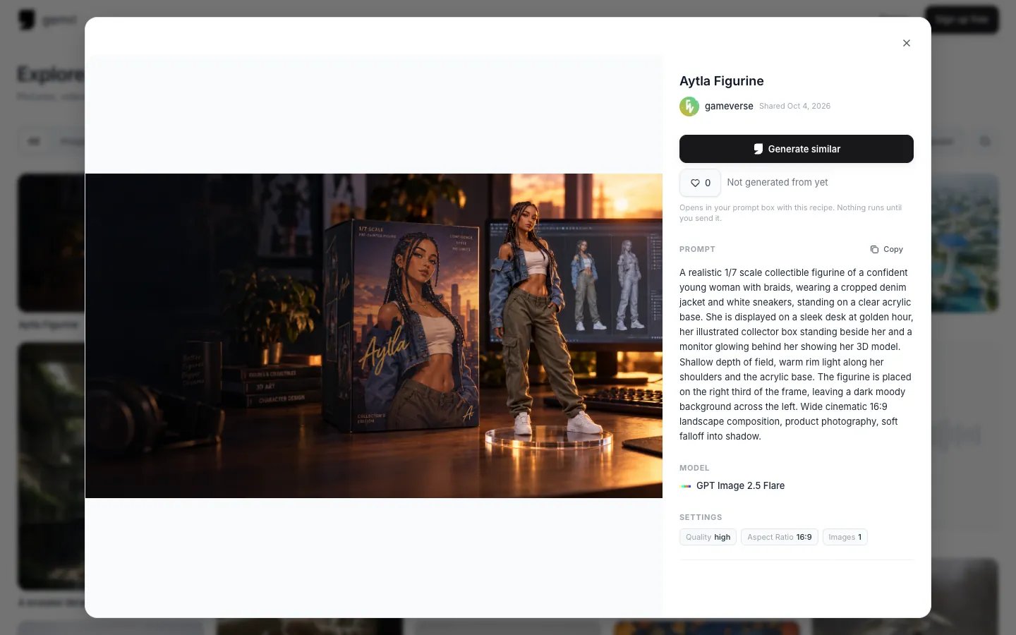 A post on Explore: the picture beside its prompt, model, settings and the Generate similar button