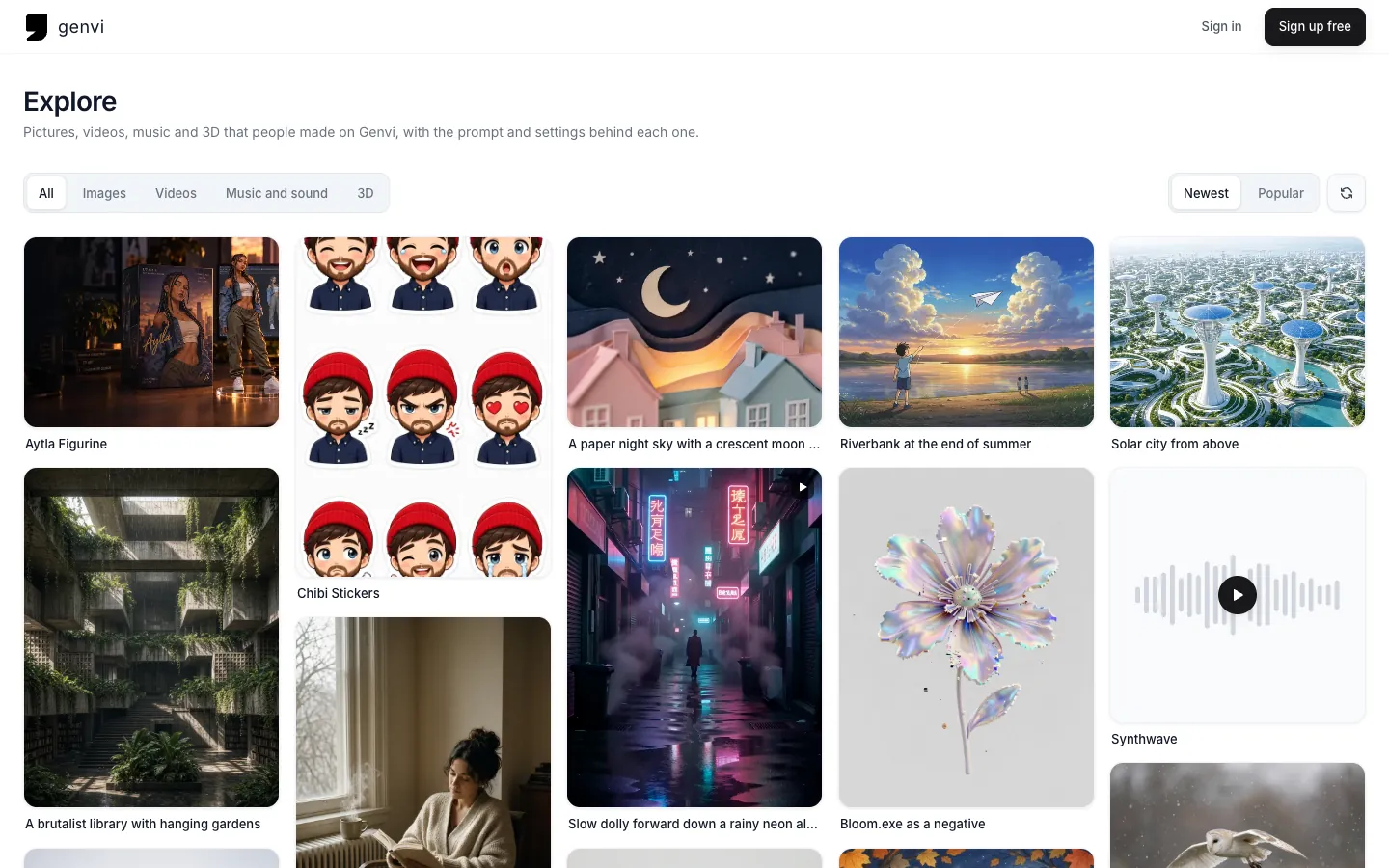 Explore: a grid of shared pictures, videos and music, filtered by kind and sorted newest first