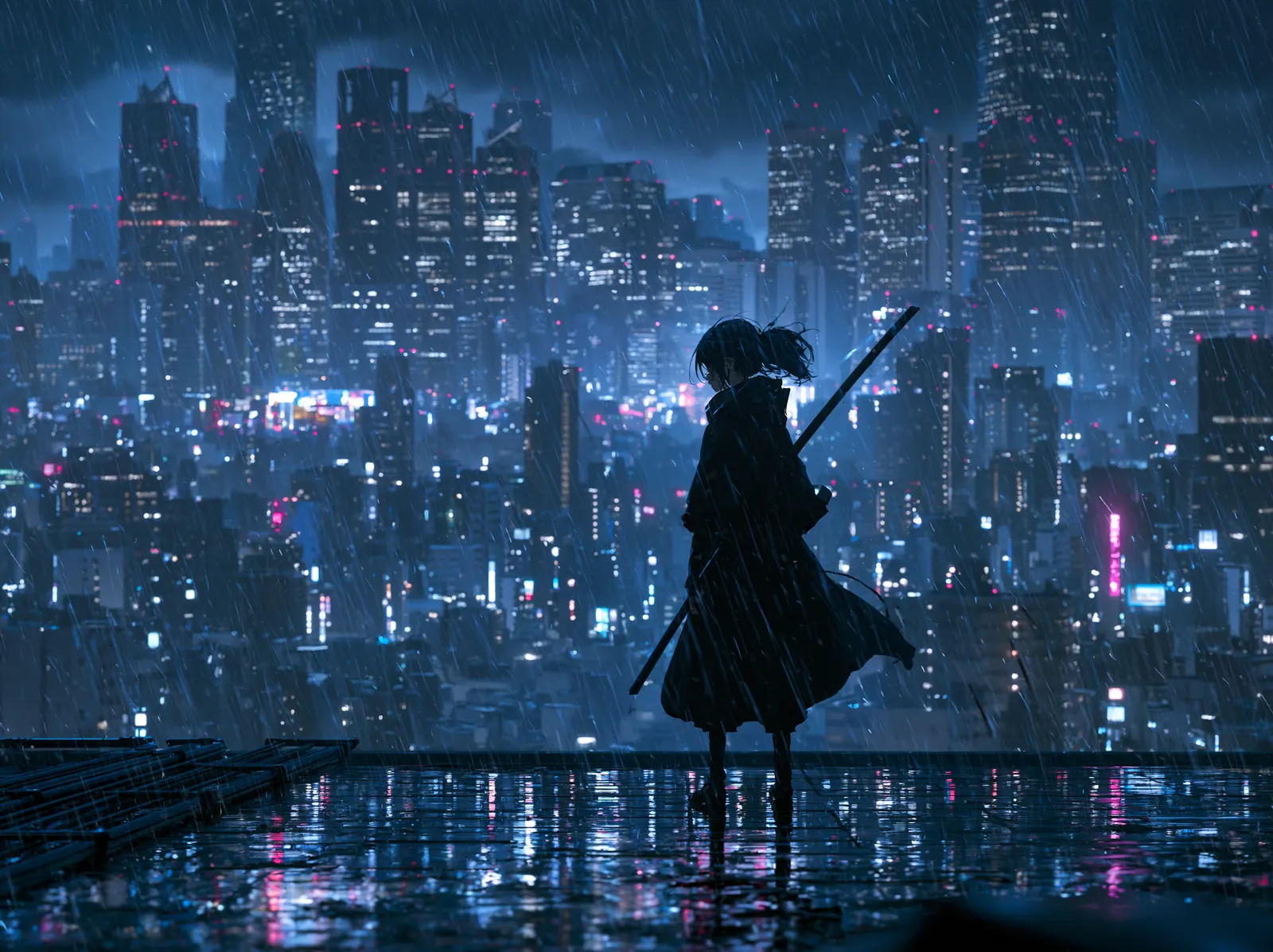 An anime warrior on a rooftop in the rain