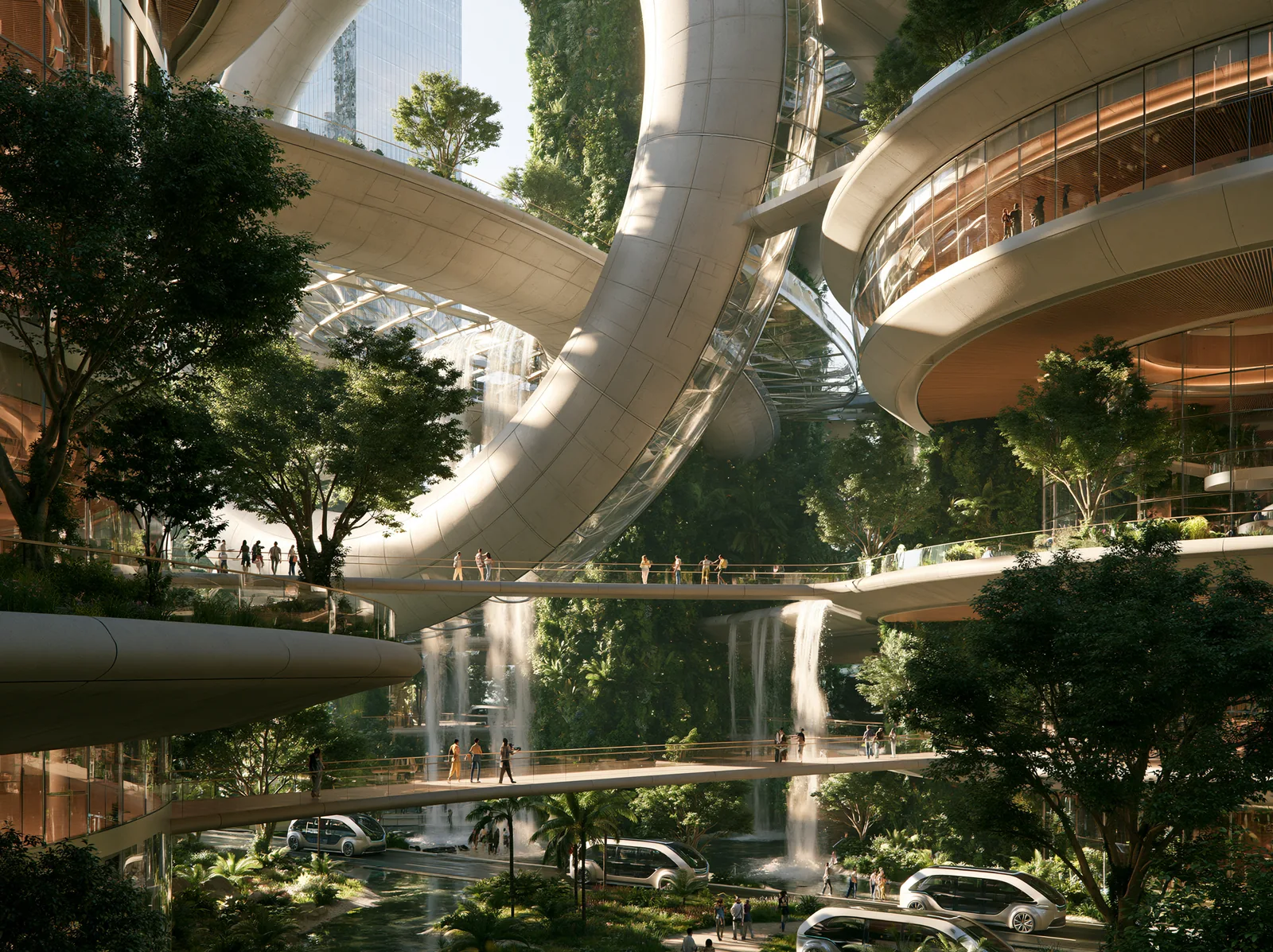 A garden city of curved walkways and planted terraces