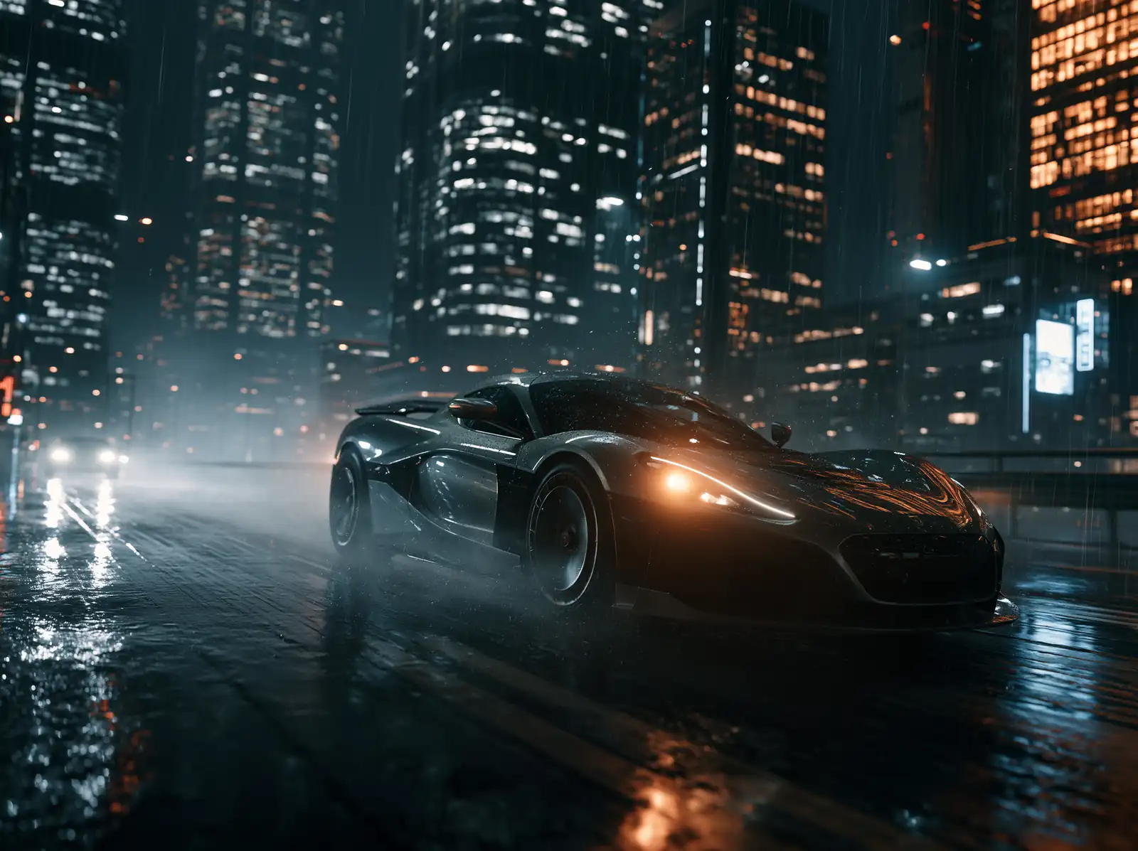 A supercar on a wet city street at night