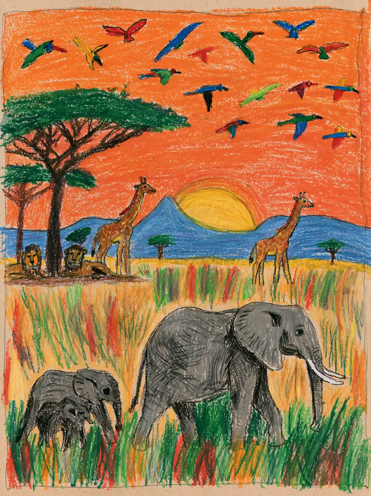 A child’s crayon drawing of a savanna