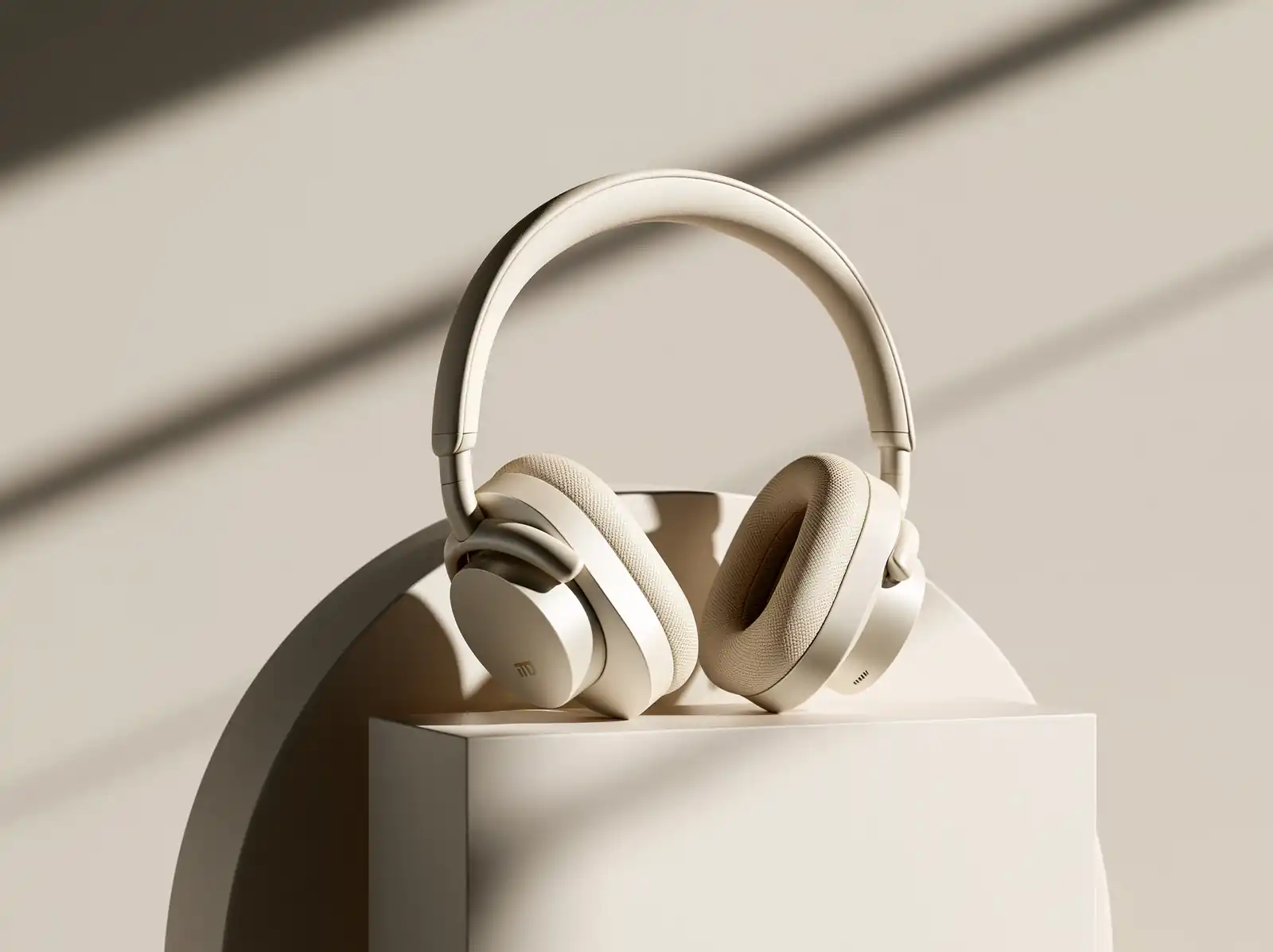 Headphones lit on a studio plinth